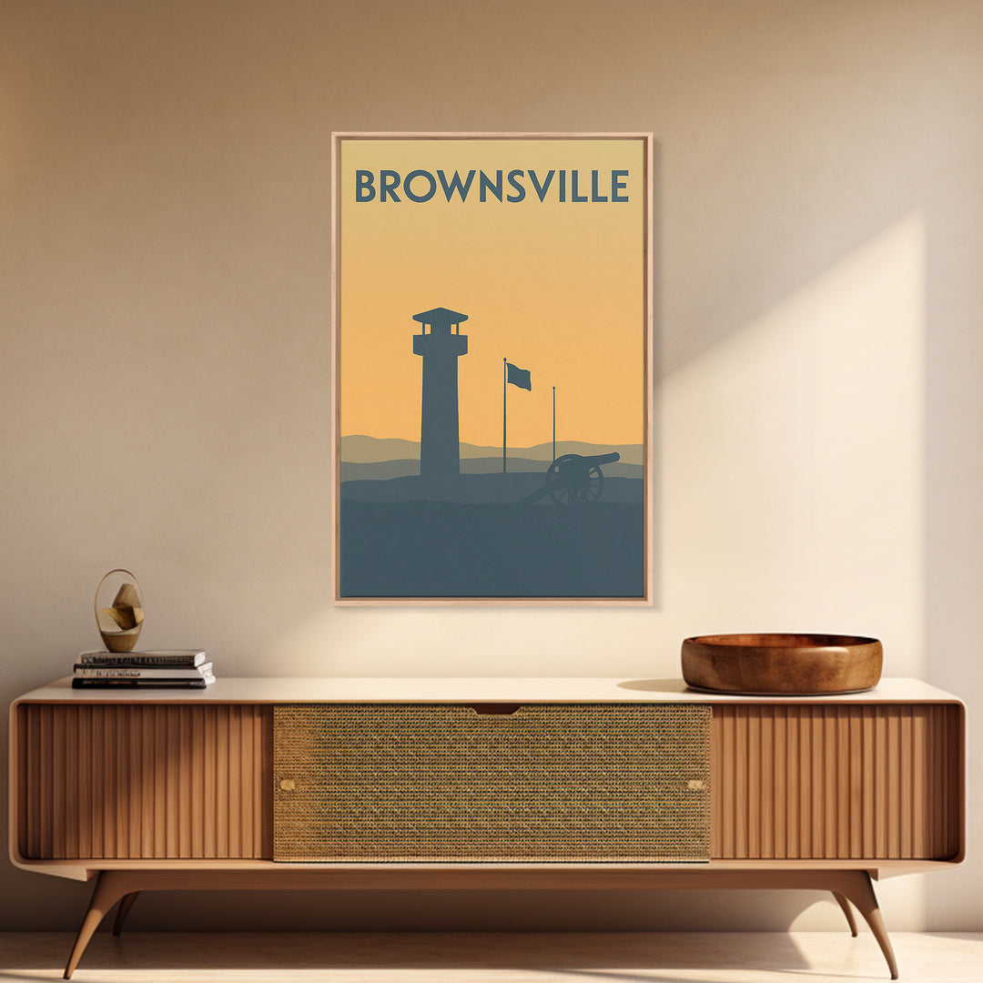Brownsville Travel Poster, Framed Canvas Print, Minimalist Retro Wall Art, Brownsville Poster Print, Wanderlust Decor, Mid Century Wall Art