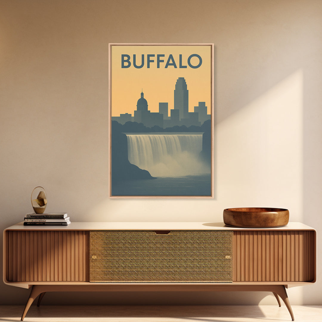 Buffalo Travel Poster, Framed Canvas Print, Sunset Skyline Wall Art, Buffalo Wall Art, Retro Travel Print, Wanderlust Decor, Poster Print