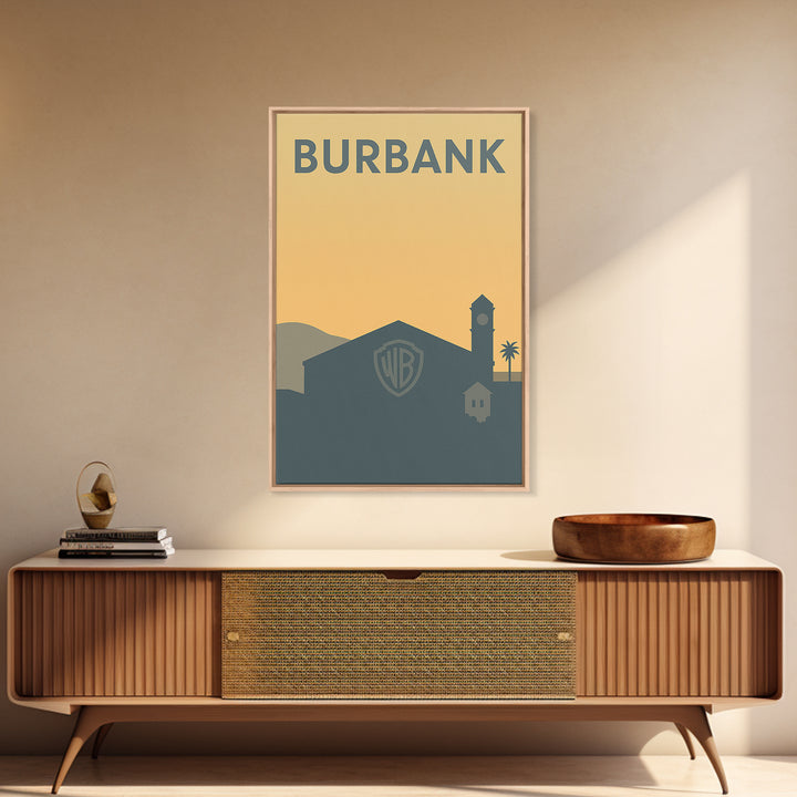 Burbank Travel Poster, Canvas Print, Minimalist Retro Wall Art, Burbank Wall Art, Living Room Wall Art, City Illustration, Travel Art Print