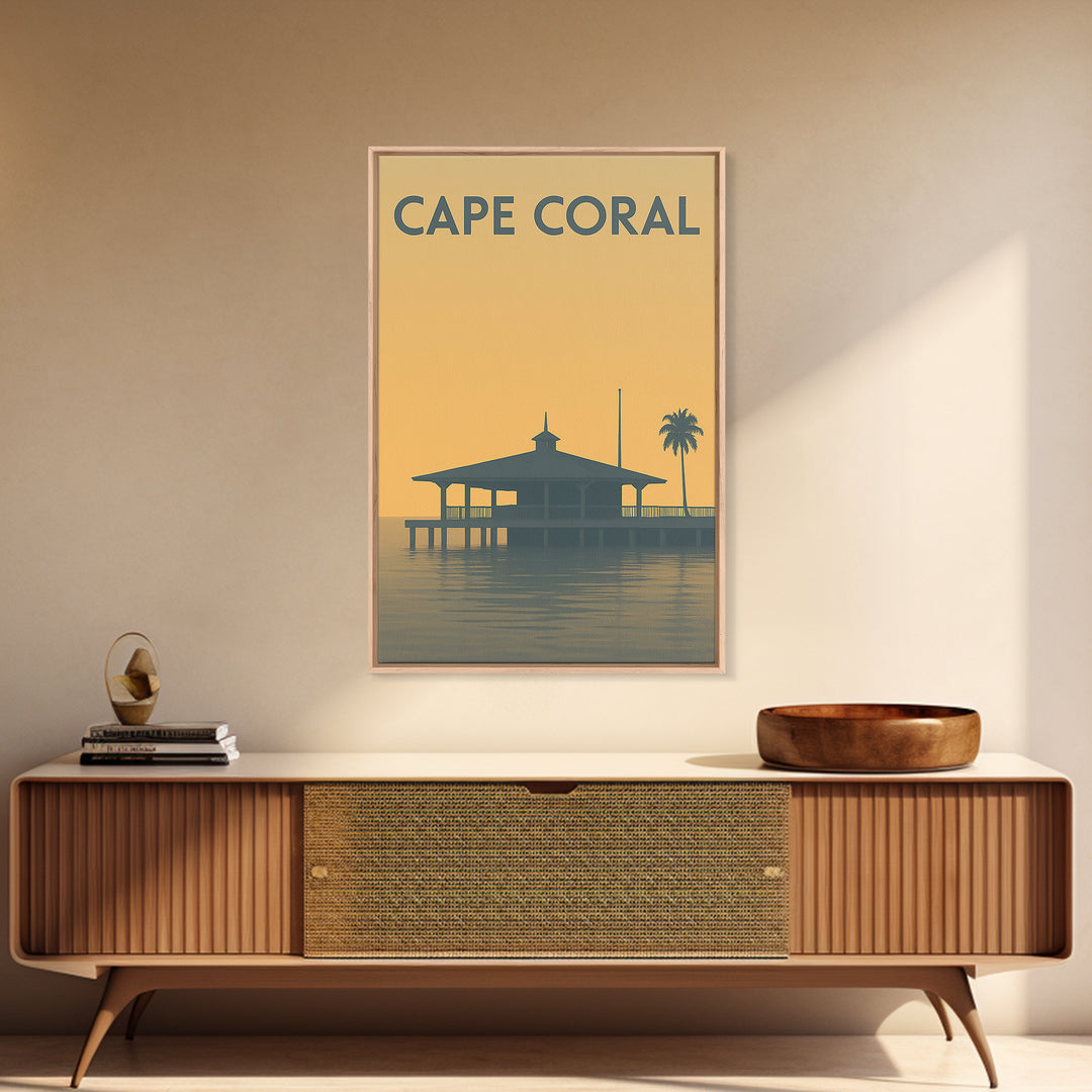 Cape Coral Florida Travel Poster, Framed Canvas Print, Minimalist Retro Wall Art, Cape Coral City Art, Travel Poster Art, Wanderlust Decor