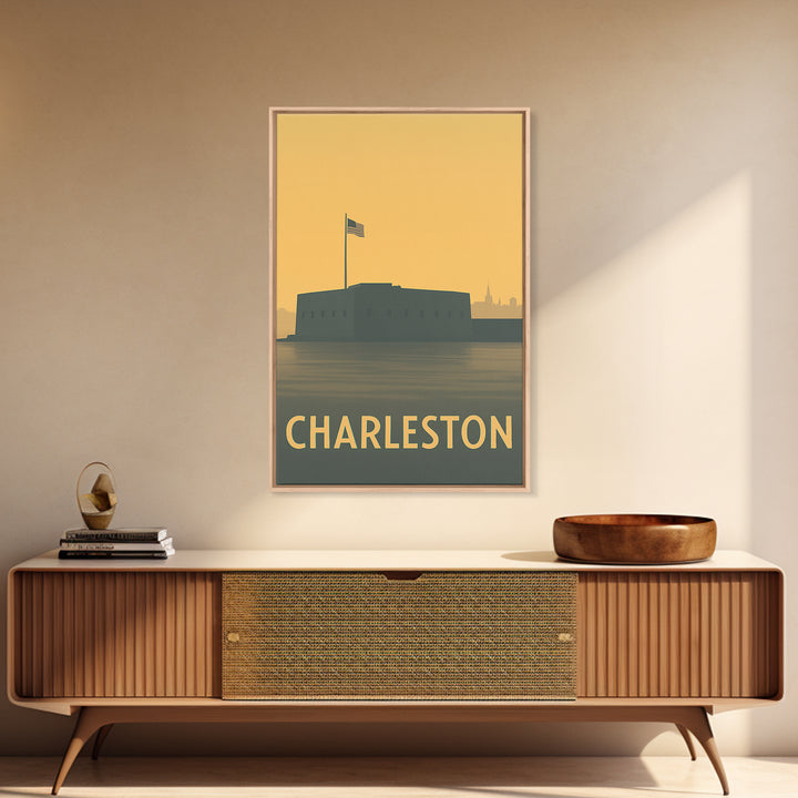 Charleston Travel Poster, Framed Canvas Print, Sunset Skyline Wall Art, Charleston City Art, Home Office Decor, Wanderlust Decor