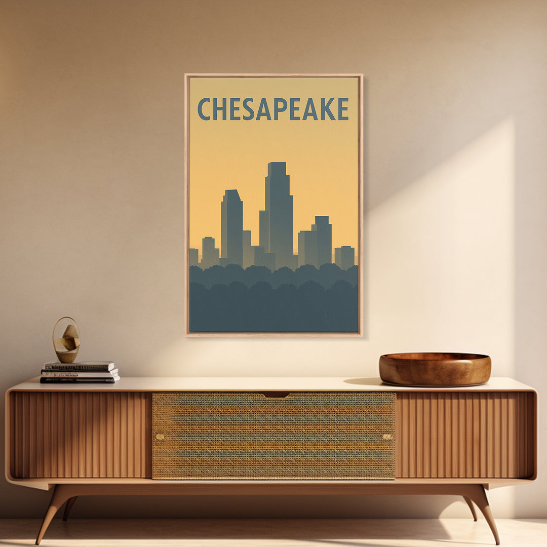 Chesapeake Virginia Travel Poster, Framed Canvas Print, Sunset Skyline Wall Art, Chesapeake Wall Art, Retro Travel Print, Home Office Decor