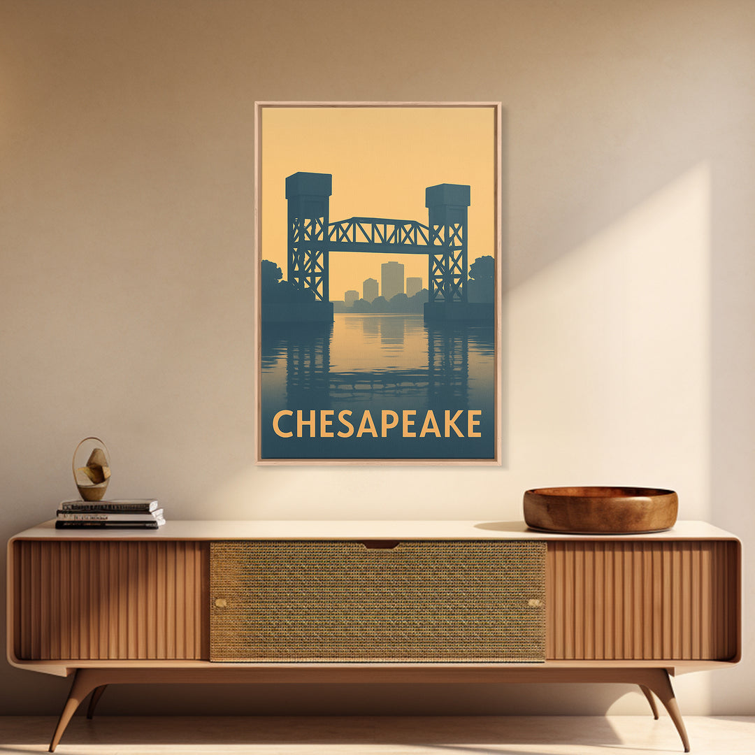 Chesapeake Travel Poster, Canvas Print, Sunset Skyline Wall Art, Chesapeake City Art, Retro Travel Print, Travel Wall Decor, Art Print