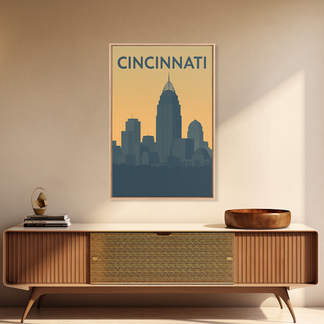Cincinnati Ohio Travel Poster, Framed Canvas Print, Sunset Skyline Wall Art, Cincinnati Poster Print, Retro Travel Print, Home Office Decor