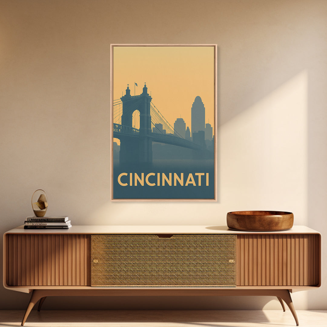 Cincinnati Travel Poster, Framed Canvas Print, Minimalist Retro Wall Art, Cincinnati Wall Art, Vintage Travel Print, Travel Poster Art