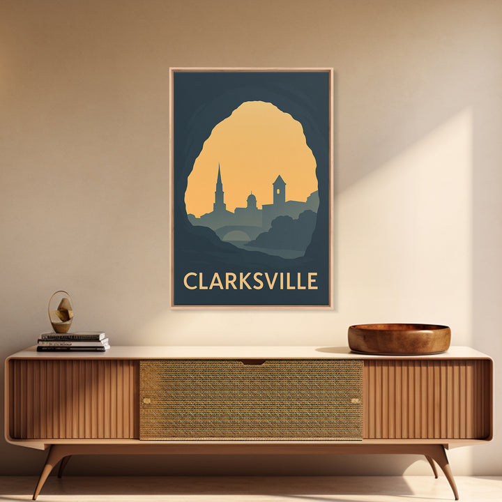 Clarksville Tennessee Travel Poster, Canvas Print, Sunset Skyline Wall Art, Clarksville Wall Art, City Travel Prints, Mid Century Wall Art