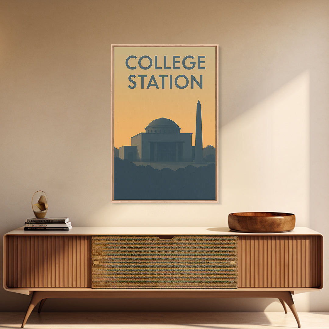 College Station Texas Travel Poster, Canvas Print, Sunset Skyline Wall Art, College Station Wall Art, Travel Art Print, Vintage City Art