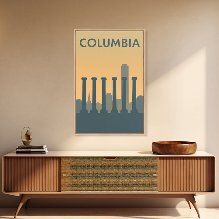 Columbia South Carolina Travel Poster, Canvas Print, Sunset Skyline Wall Art, Columbia Print, Art Print, Watercolor Downtown Skyline