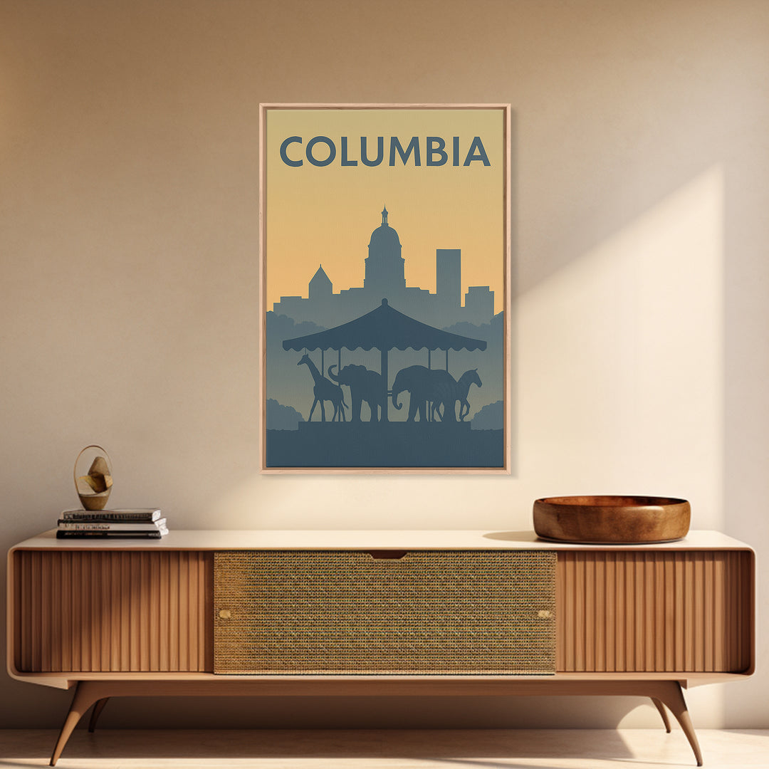 Columbia Travel Poster, Framed Canvas Print, Vintage City Poster Art, Columbia Travel Art, Mid Century Wall Art, Retro Travel Print