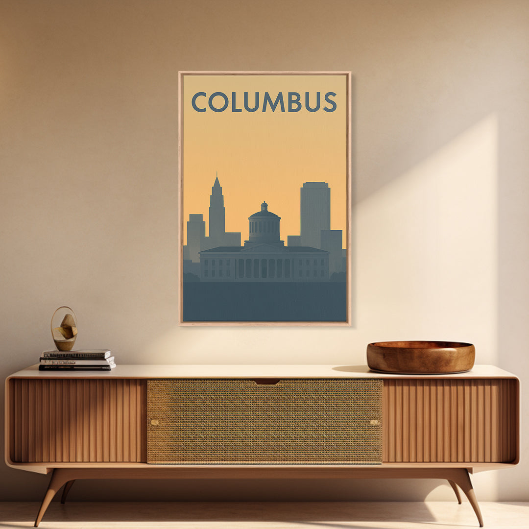 Columbus Travel Poster, Framed Canvas Print, Sunset Skyline Wall Art, Columbus Poster Print, Travel Wall Art, Travel Poster Art