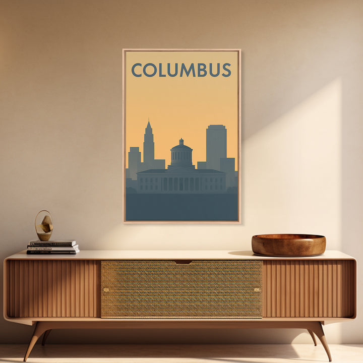 Columbus Travel Poster, Framed Canvas Print, Sunset Skyline Wall Art, Columbus Poster Print, Travel Wall Art, Travel Poster Art