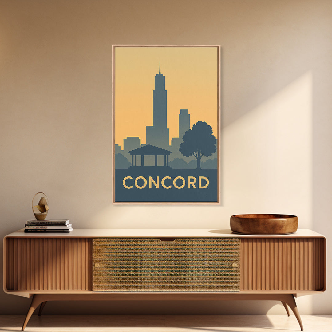 Concord Travel Poster, Framed Canvas Print, Minimalist Retro Wall Art, Concord Wall Art, Eclectic Wall Decor, Retro Travel Print