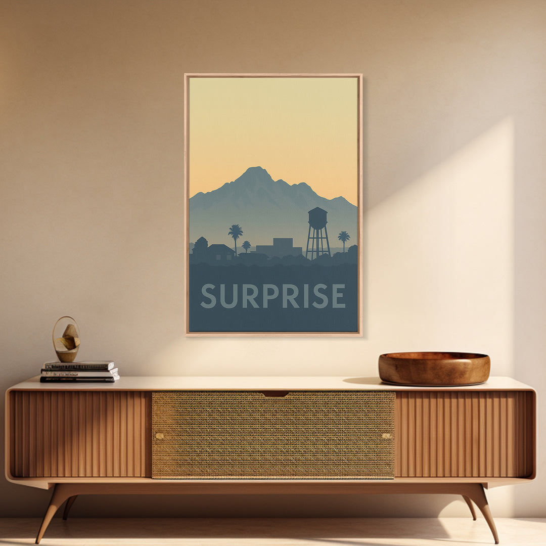 Surprise Travel Poster, Framed Canvas Print, Sunset Skyline Wall Art, Surprise Poster Print, Travel Poster Art, Eclectic Wall Decor