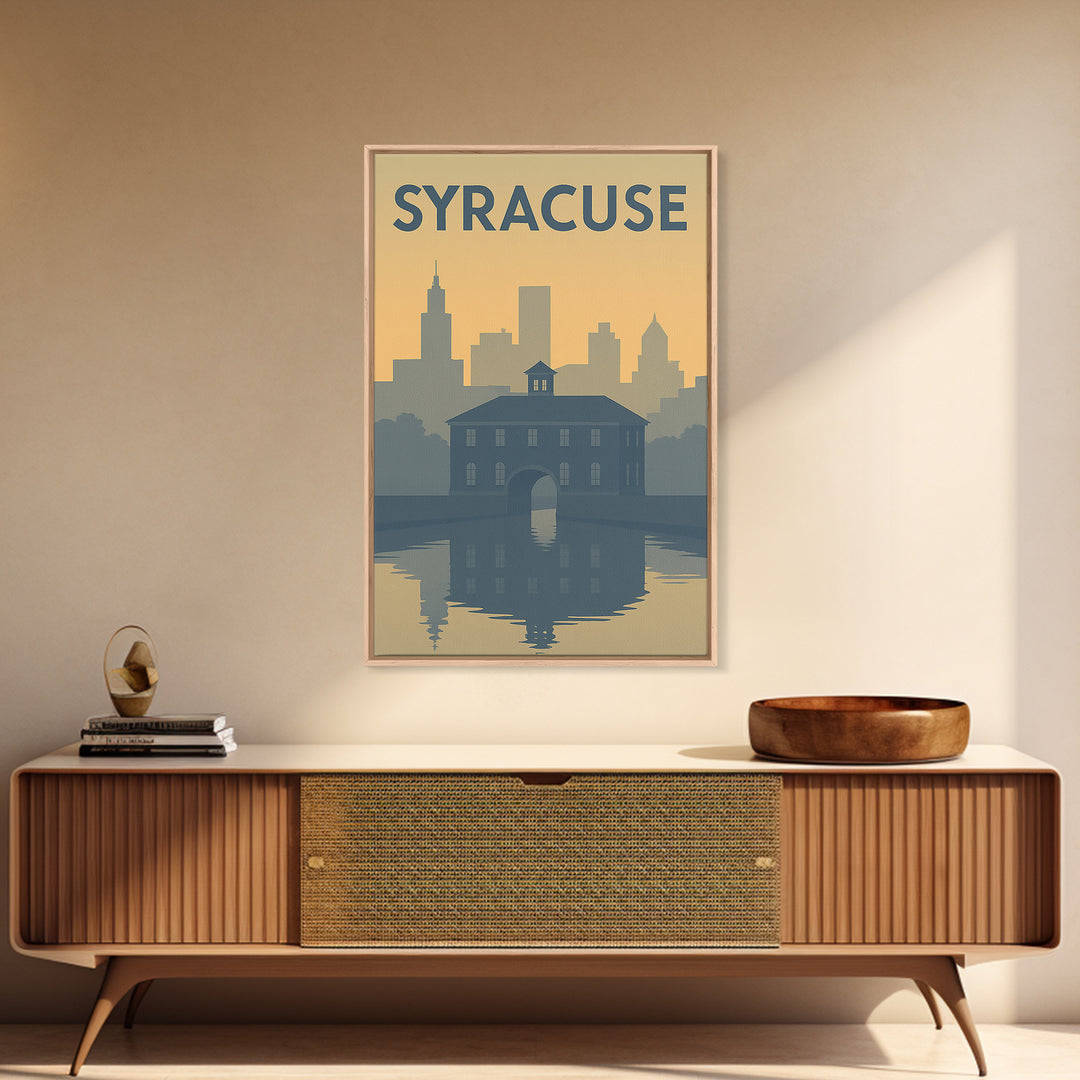 Syracuse New York Travel Poster, Framed Canvas Print, Sunset Skyline Wall Art, Syracuse City Art, Retro Travel Print, Modern Wall Decor