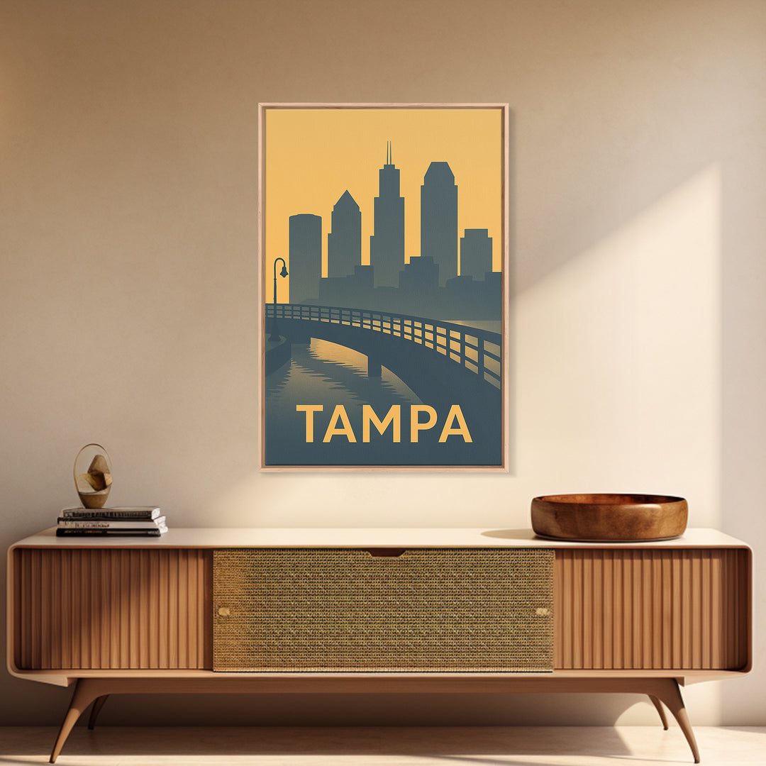 Tampa Florida Travel Poster, Framed Canvas Print, Mid Century Travel Art, Tampa Travel Art, Mid Century Wall Art, Watercolor City Skyline