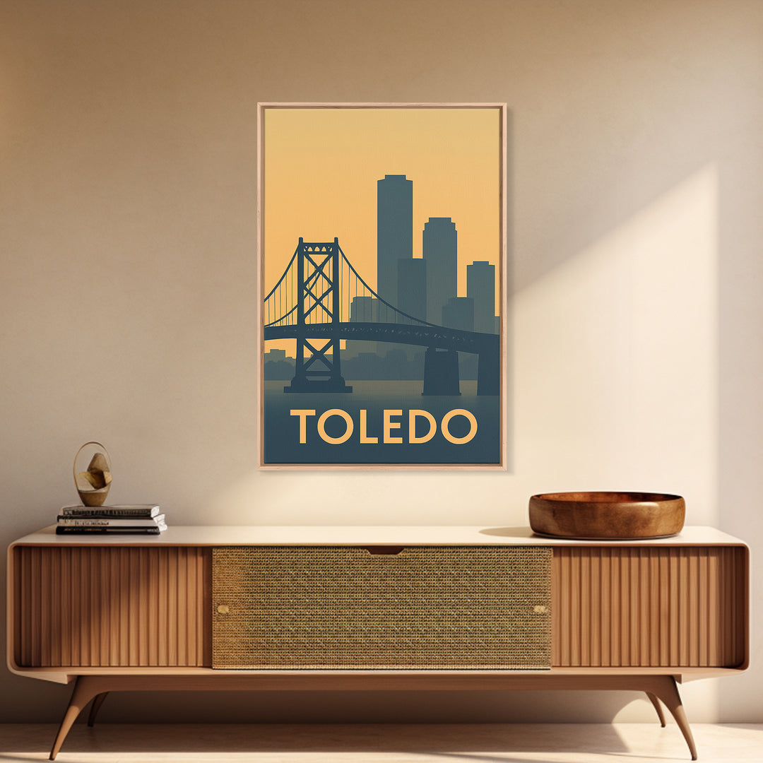 Toledo Ohio Travel Poster, Canvas Print, Retro Wall Art, Toledo Wall Art, Watercolor Cityscape, City Travel Prints, Retro Travel Print