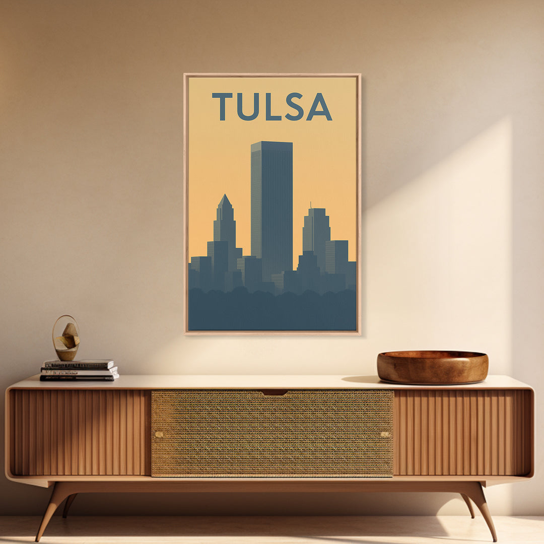 Tulsa Travel Poster, Framed Canvas Print, Sunset Skyline Wall Art, Tulsa Art Print, City Travel Prints, Wanderlust Decor, Travel Wall Decor