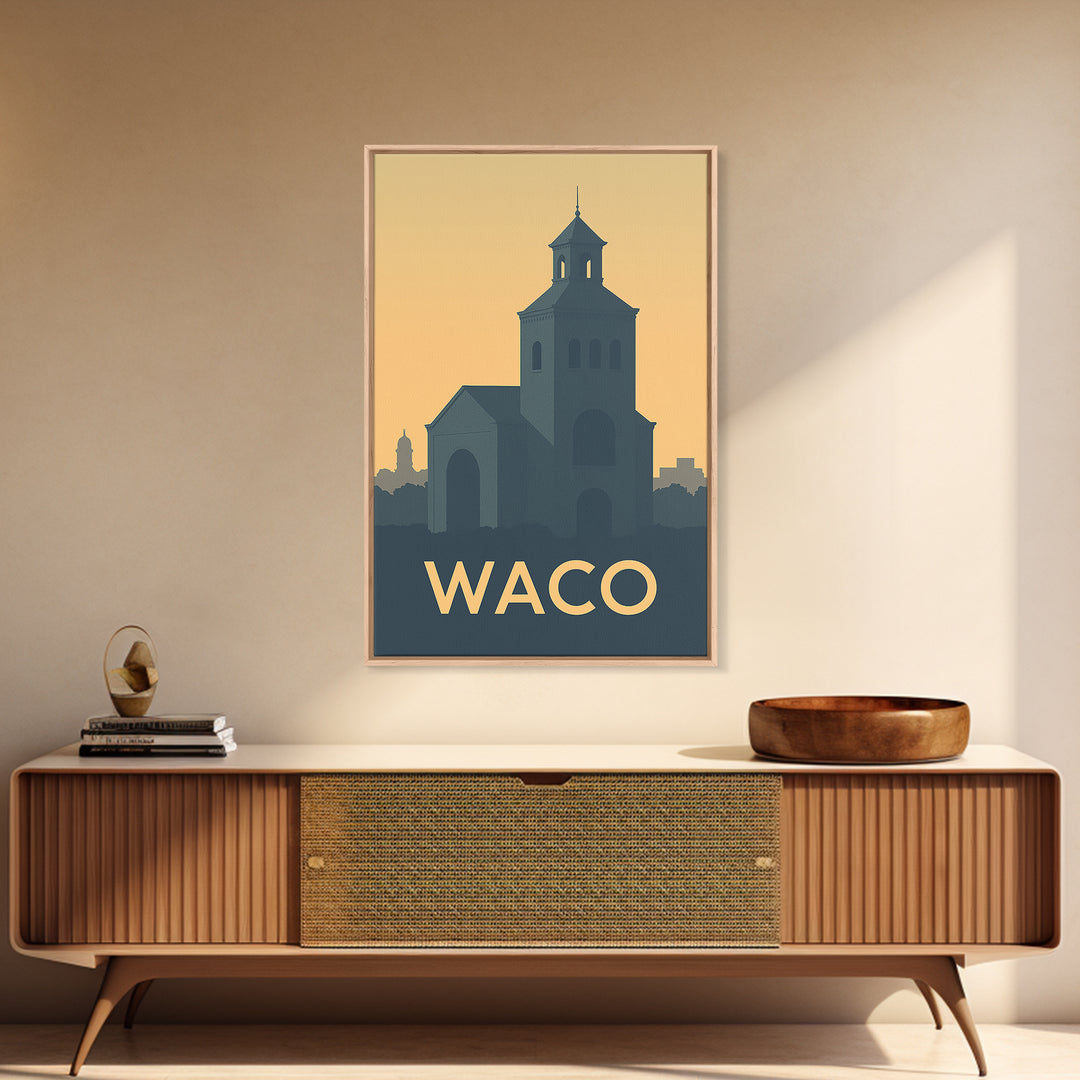 Waco Texas Travel Poster, Canvas Print, Sunset Skyline Wall Art, Waco Poster Print, City Illustration, Travel Poster Art, Travel Art Print