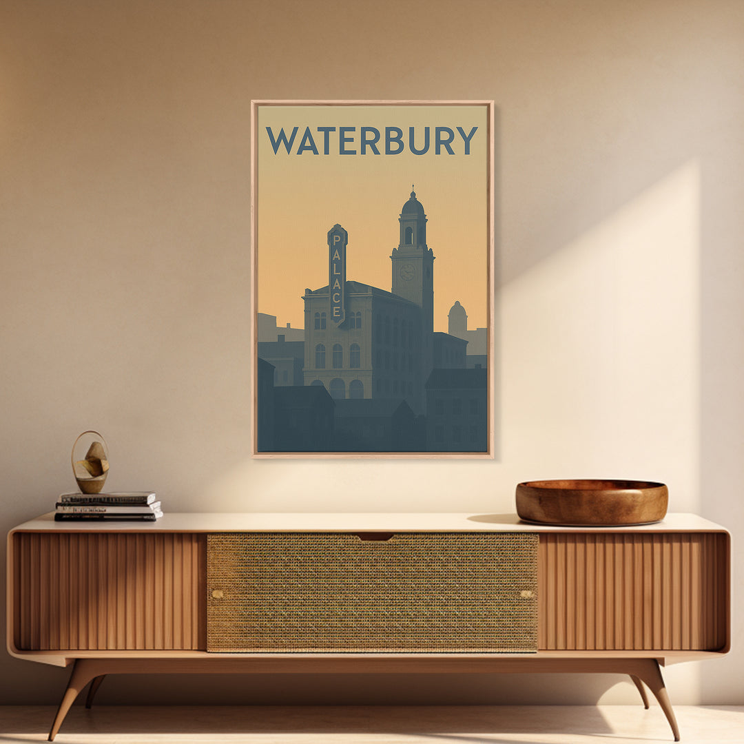 Waterbury Travel Poster, Framed Canvas Print, Minimalist Retro Wall Art, Waterbury Poster Print, Retro Travel Print, Modern Wall Decor