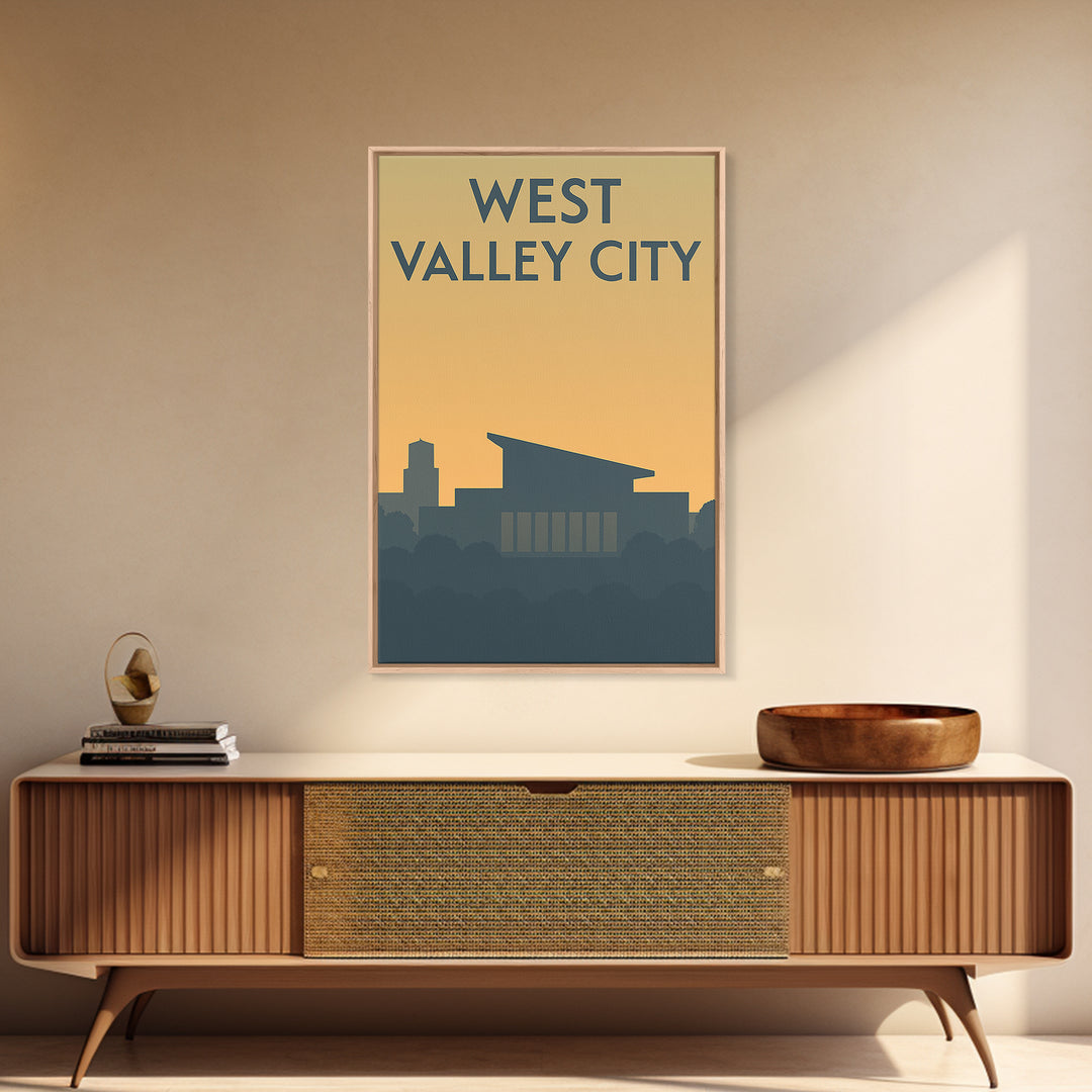 West Valley City Travel Poster, Framed Canvas Print, Minimalist Retro Wall Art, West Valley City City Art, Watercolor Downtown Skyline