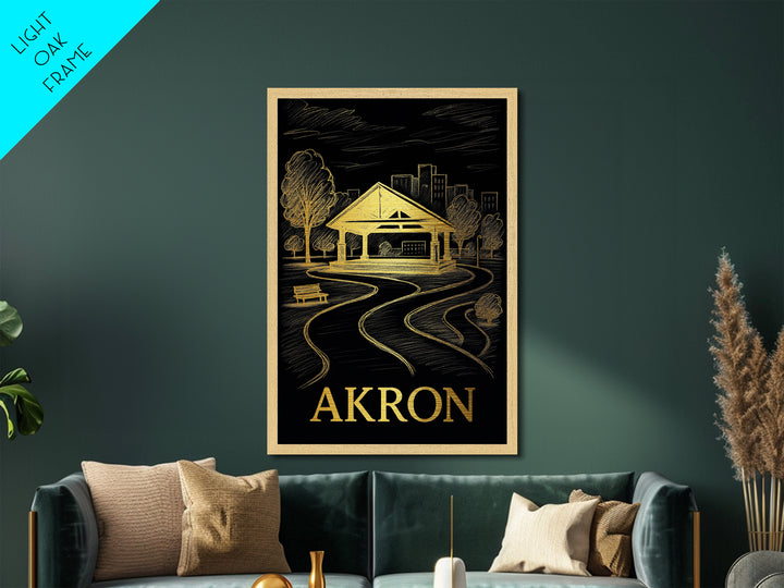 Akron Ohio art, Metallic Gold Print, Modern House Art, Metal Art, Wood Framed Art, Destination Gift, Graduation Travel Gift