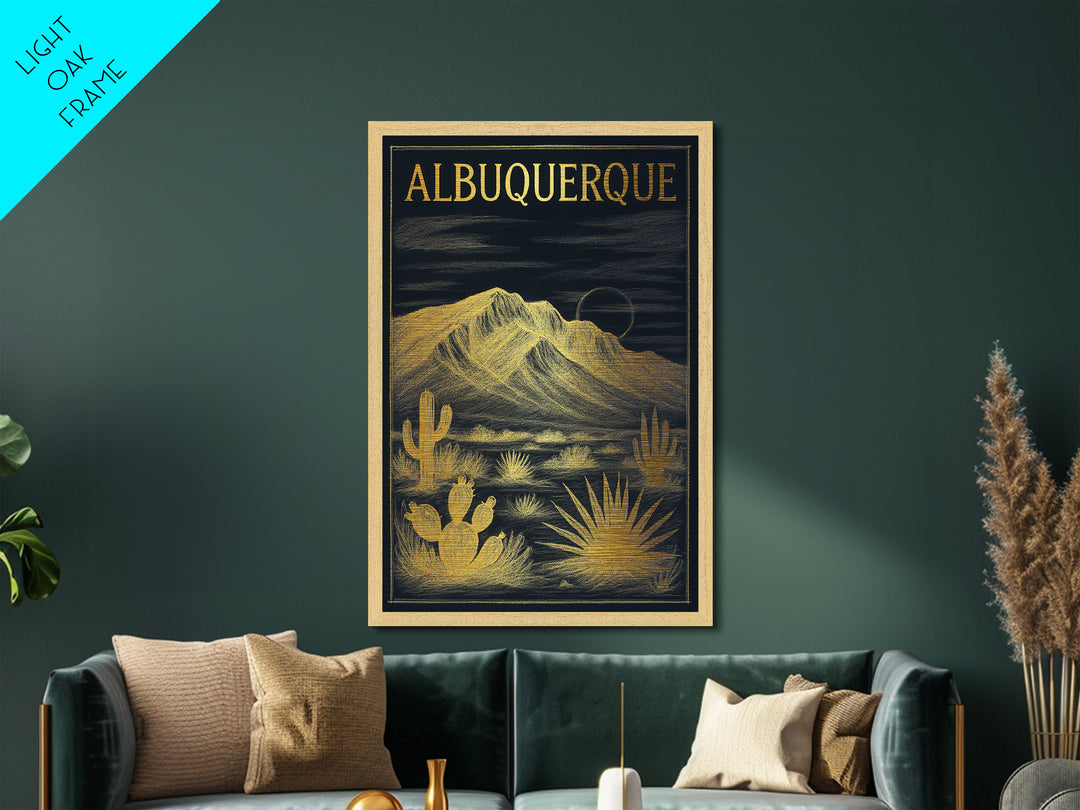 Albuquerque New Mexico travel, Metallic Gold Art, Modern Skyline Wall Print, Metal Art, Wood Framed Art, Travel Gift, Adventure Lover Gift