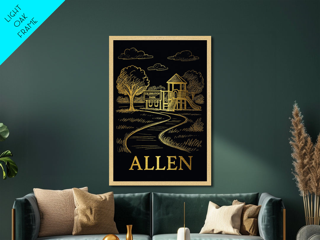 Allen Texas art, Metallic Gold Print, Office Decor, Metal Art, Wood Framed Art, Adventure Lover Gift, Traveler Gift