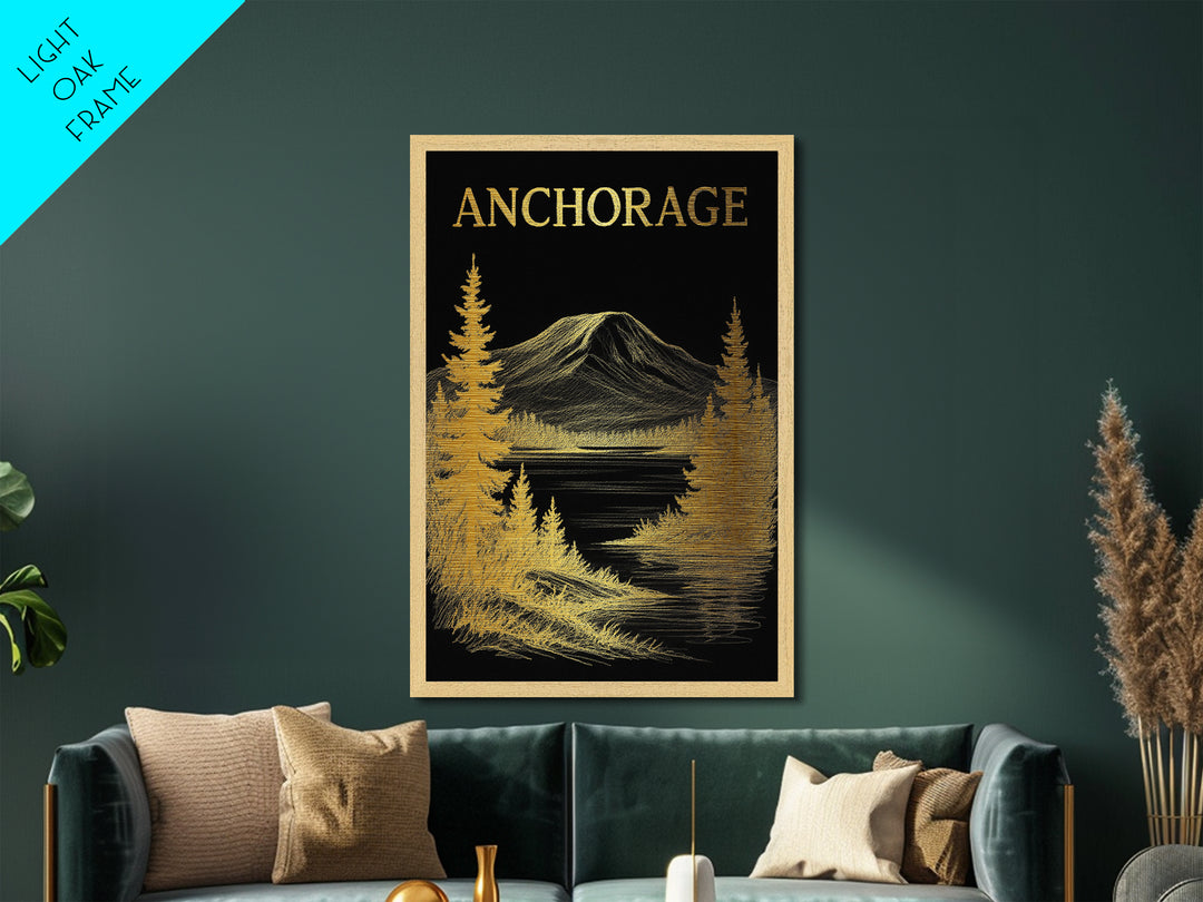 Anchorage Alaska travel, Metallic Gold Art, Modern Skyline Wall Print, Metal Art, Wood Framed Art, Adventure Lover Gift, Travel Gift