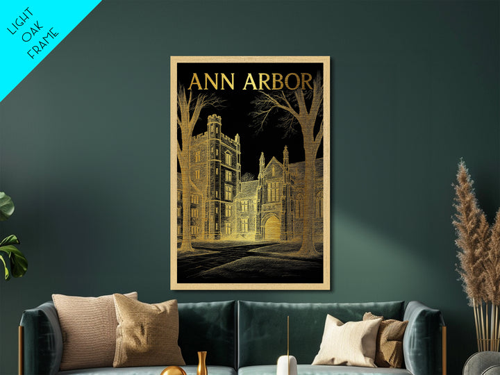 Ann Arbor Michigan travel, Metallic Gold Art, Modern House Art, Metal Art, Wood Framed Art, Wanderlust Gift, Travel Art Prints