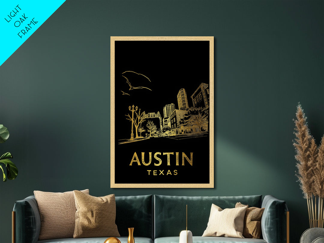 Austin Texas travel, Metallic Gold Art, Closing Gift, Metal Art, Wood Framed Art, Anniversary Travel Gift, Retirement Travel Gift