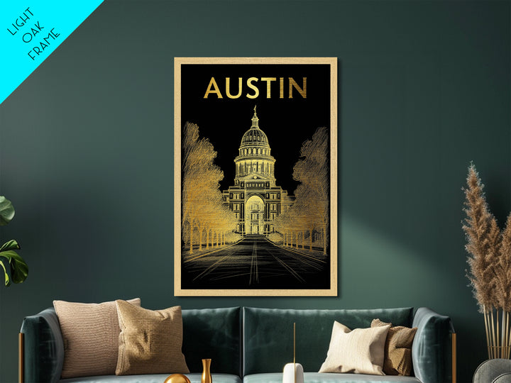Austin Texas art, Metallic Gold Print, Office Decor, Metal Art, Wood Framed Art, Graduation Travel Gift, Destination Gift