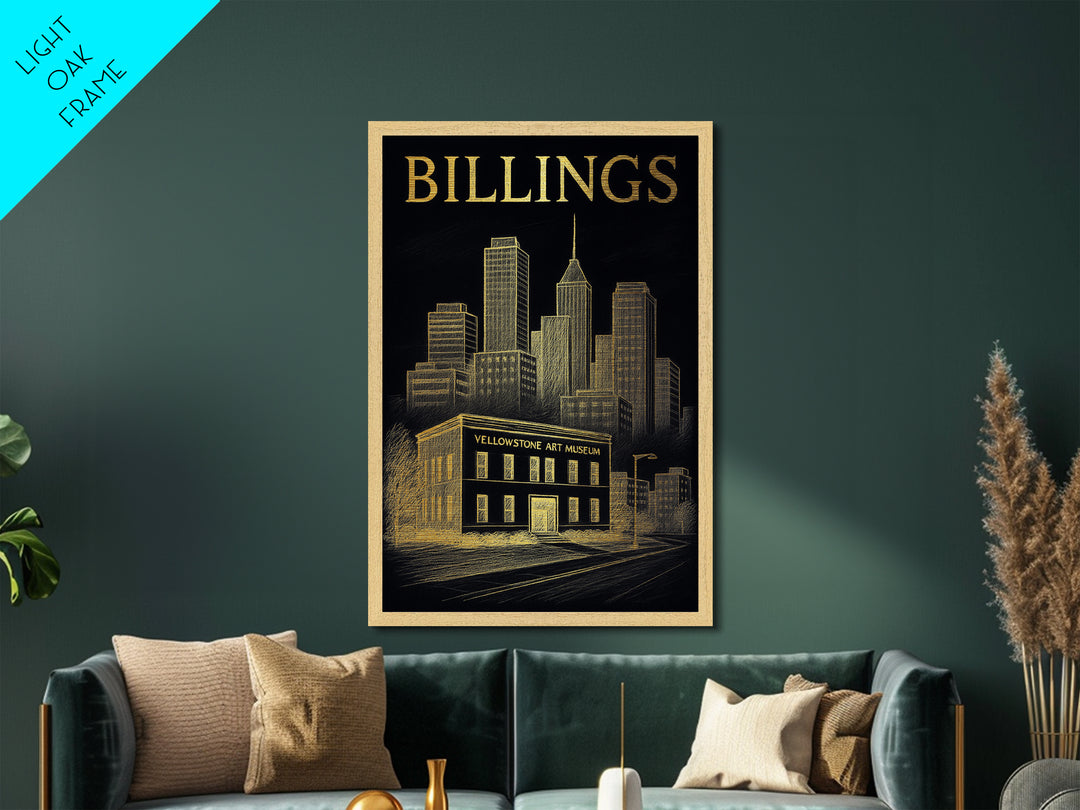 Billings Montana travel, Metallic Gold Print, Modern Skyline Wall Print, Metal Art, Wood Framed Art, Adventure Lover Gift, Travel Gift