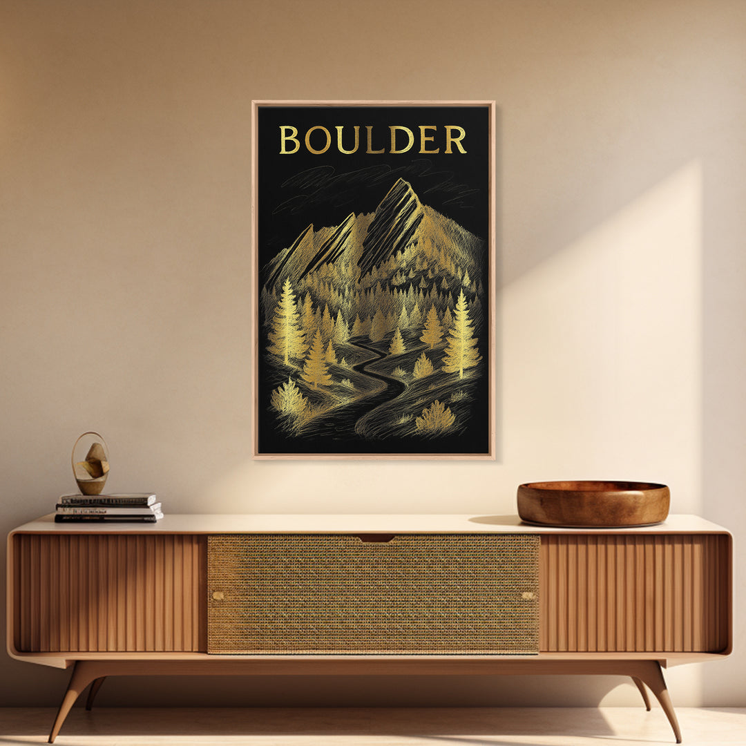 Boulder Colorado Travel Poster, Framed Canvas Print, Black And Gold Line Art, Boulder Travel Art, City Illustration, Mid Century Wall Art