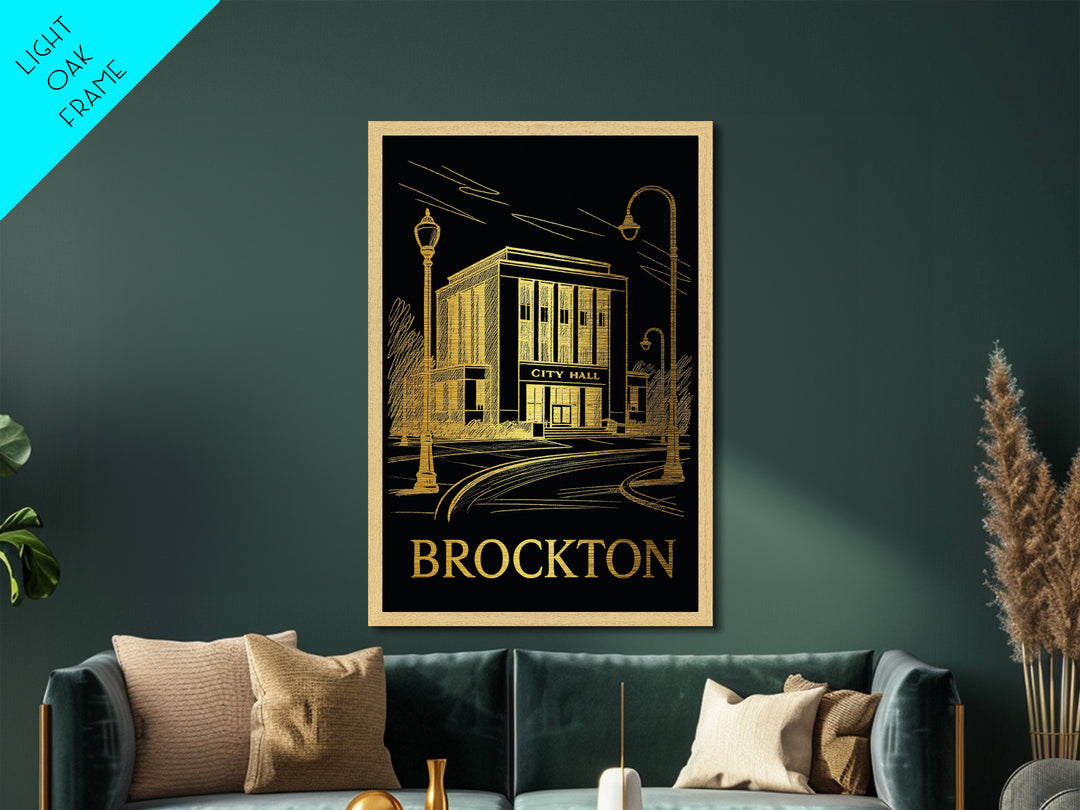 Brockton Massachusetts art, Metallic Gold Art, Office Decor, Metal Art, Wood Framed Art, Graduation Travel Gift, Destination Gift