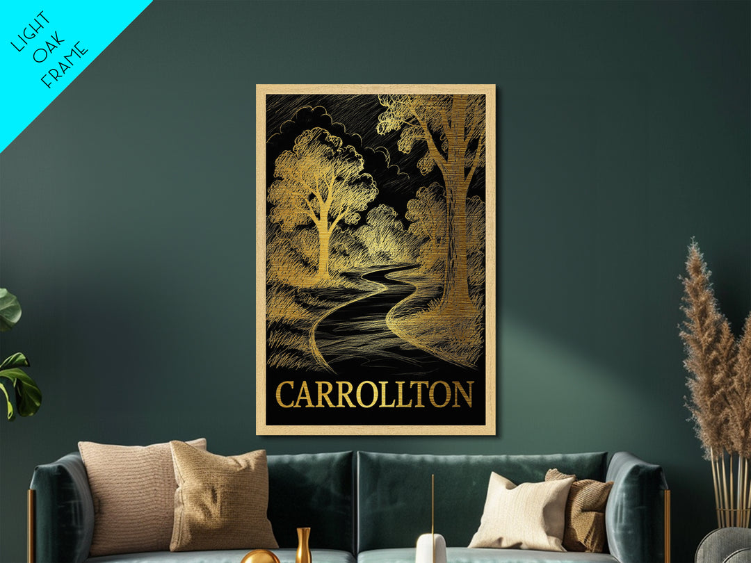 Carrollton Texas art, Metallic Gold Art, Office Decor, Metal Art, Wood Framed Art, Graduation Travel Gift, Destination Gift
