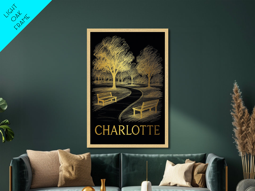 Charlotte North Carolina art, Metallic Gold Art, Travel Art Prints, Metal Art, Wood Framed Art, Wanderlust Gift, Adventure Lover Gift