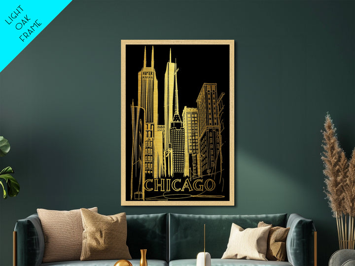 Chicago Illinois travel, Metallic Gold Print, Modern Skyline Wall Print, Metal Art, Wood Framed Art, Adventure Lover Gift, Travel Gift