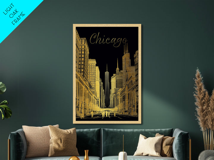 Chicago Illinois art, Metallic Gold Art, Housewarming Gift, Metal Art, Wood Framed Art, Newlywed Travel Gift, Honeymoon Gift