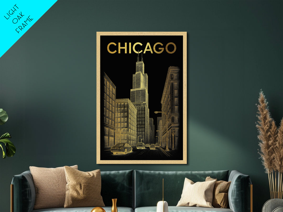 Chicago Illinois travel, Metallic Gold Print, Closing Gift, Metal Art, Wood Framed Art, Anniversary Travel Gift, Retirement Travel Gift