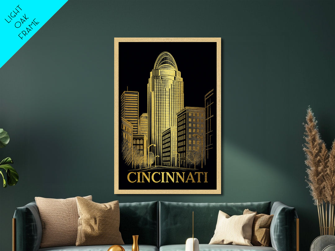 Cincinnati Ohio art, Metallic Gold Art, Travel Art Prints, Metal Art, Wood Framed Art, Adventure Lover Gift, Traveler Gift