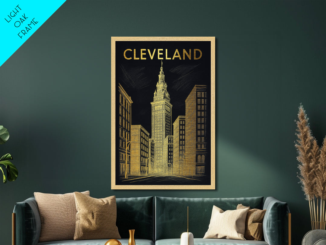 Cleveland Ohio travel, Metallic Gold Print, Modern Skyline Wall Print, Metal Art, Wood Framed Art, Adventure Lover Gift, Travel Gift