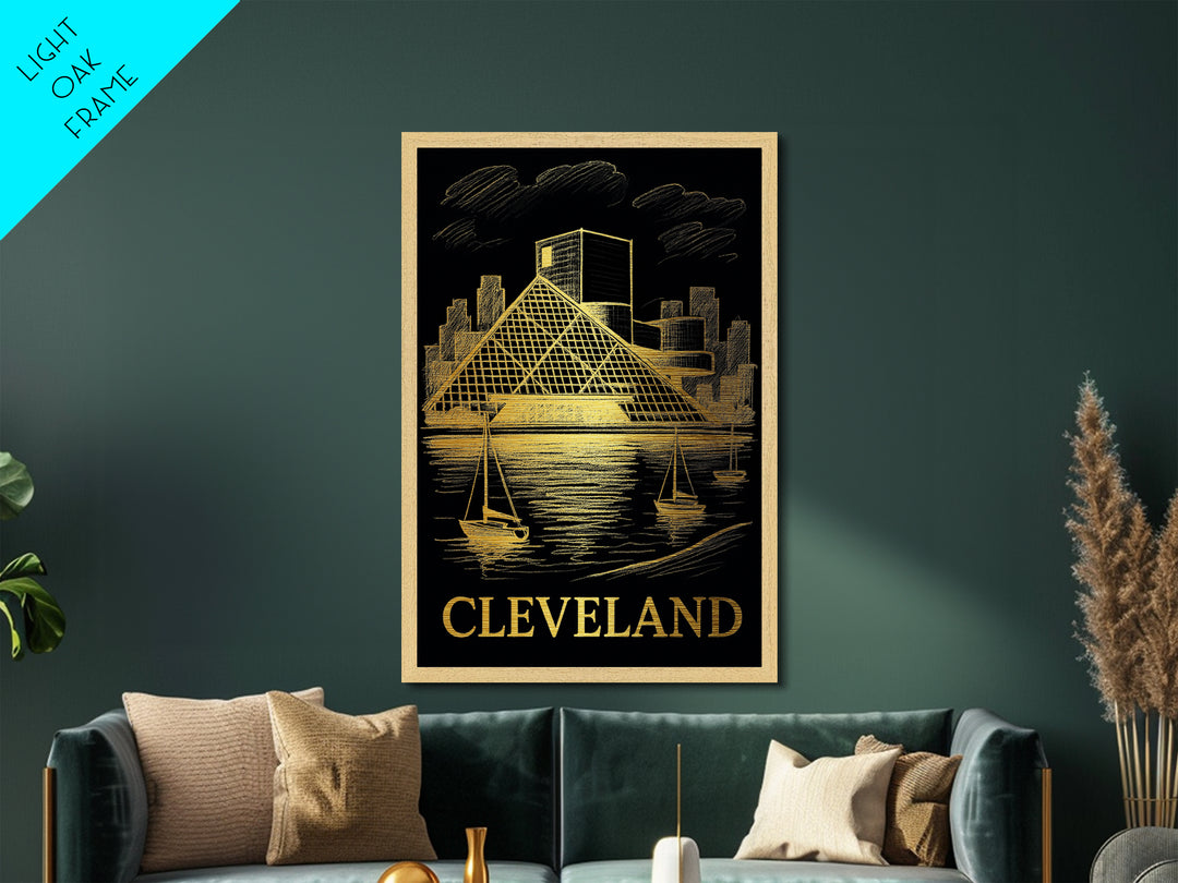 Cleveland Ohio art, Metallic Gold Art, Housewarming Gift, Metal Art, Wood Framed Art, Newlywed Travel Gift, Honeymoon Gift