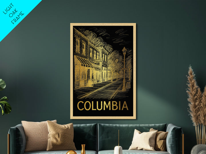 Columbia South Carolina travel, Metallic Gold Print, Modern Skyline Wall Print, Metal Art, Wood Framed Art, Adventure Lover Gift