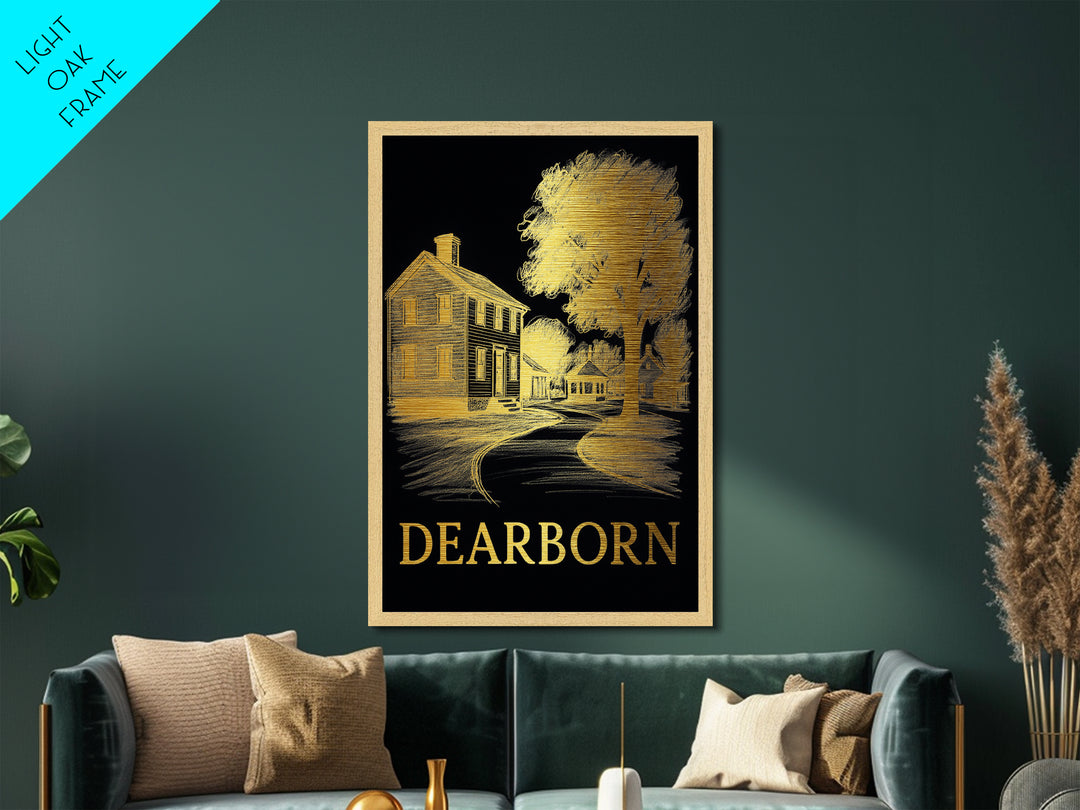 Dearborn Michigan travel, Metallic Gold Print, Modern House Art, Metal Art, Wood Framed Art, Traveler Gift, Destination Gift