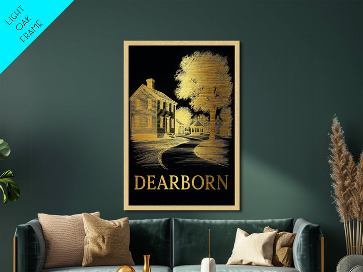 Dearborn Michigan travel, Metallic Gold Print, Modern House Art, Metal Art, Wood Framed Art, Traveler Gift, Destination Gift
