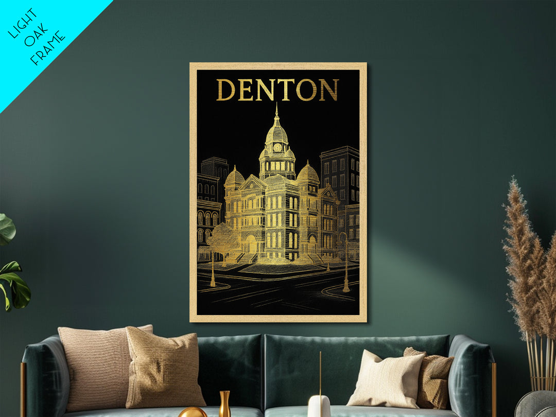 Denton Texas travel, Metallic Gold Print, College Dorm Décor, Metal Art, Wood Framed Art, Graduation Travel Gift, Traveler Gift