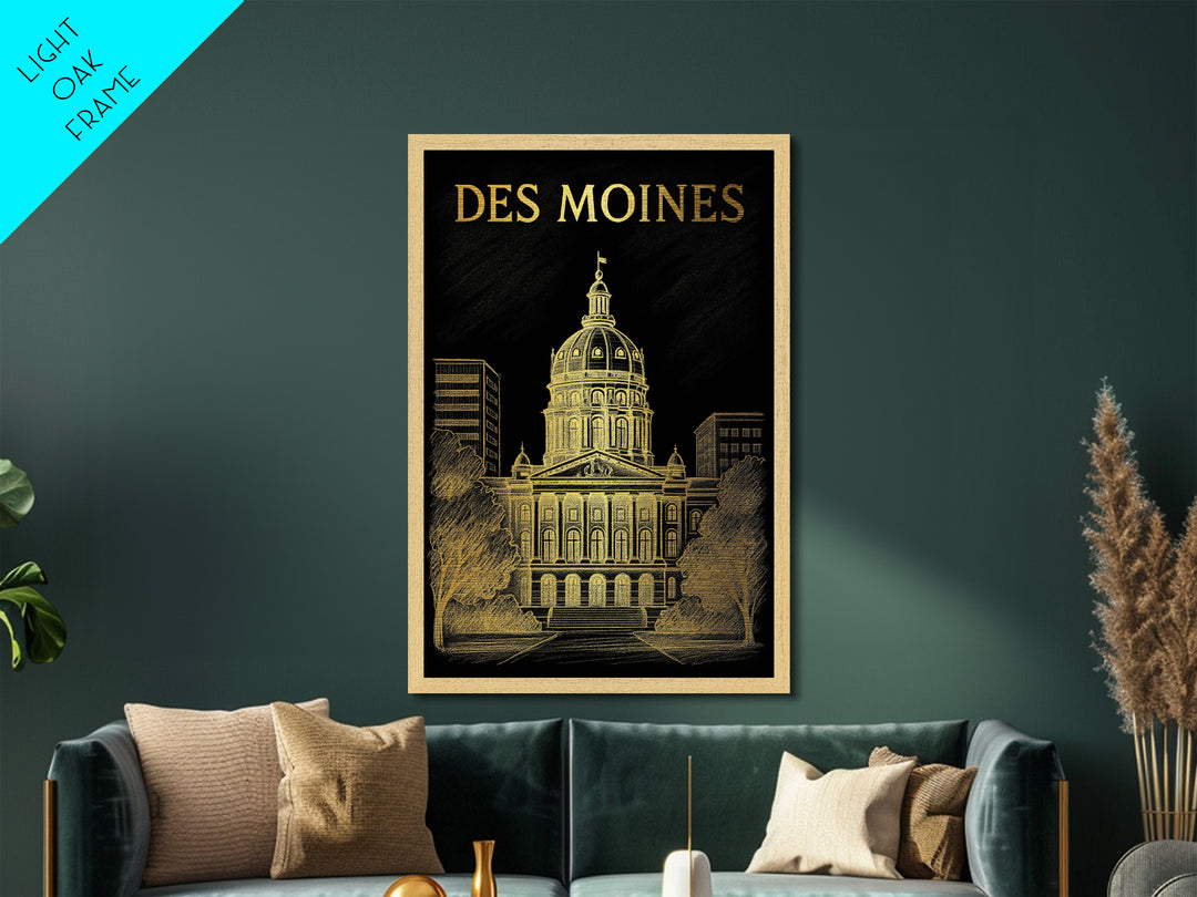 Des Moines Iowa travel, Metallic Gold Print, Closing Gift, Metal Art, Wood Framed Art, Anniversary Travel Gift, Retirement Travel Gift