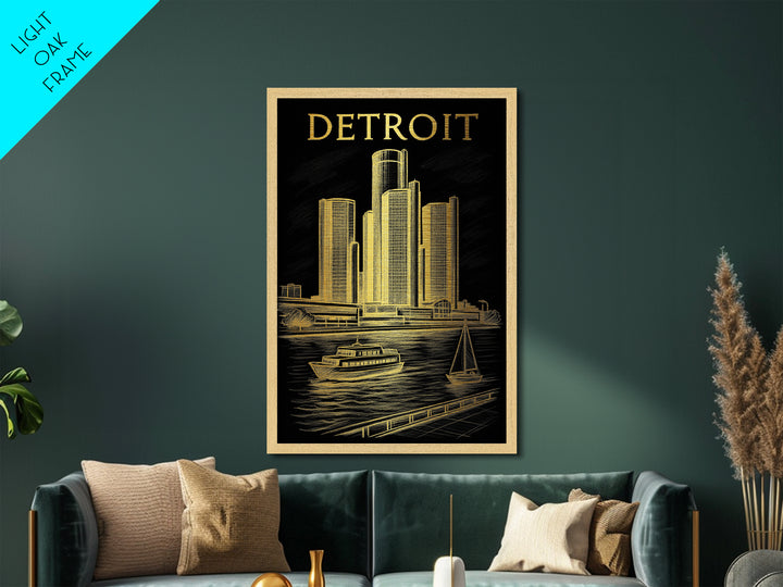 Detroit Michigan travel, Metallic Gold Print, Modern House Art, Metal Art, Wood Framed Art, Wanderlust Gift, Travel Art Prints