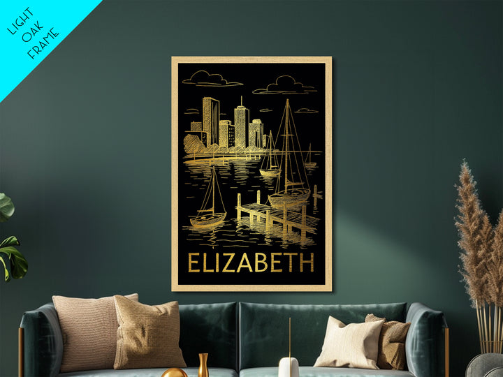 Elizabeth New Jersey art, Metallic Gold Art, Best Friend Gifts, Metal Art, Wood Framed Art, Birthday Travel Gift, Destination Gift