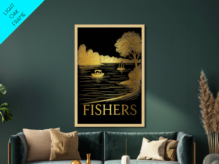 Fishers Indiana art, Metallic Gold Art, Office Decor, Metal Art, Wood Framed Art, Graduation Travel Gift, Destination Gift